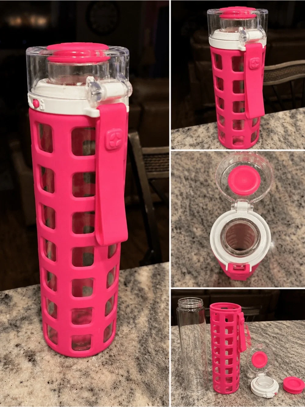 Pink Silicone Sleeve glass Water Bottle with Flip Lid